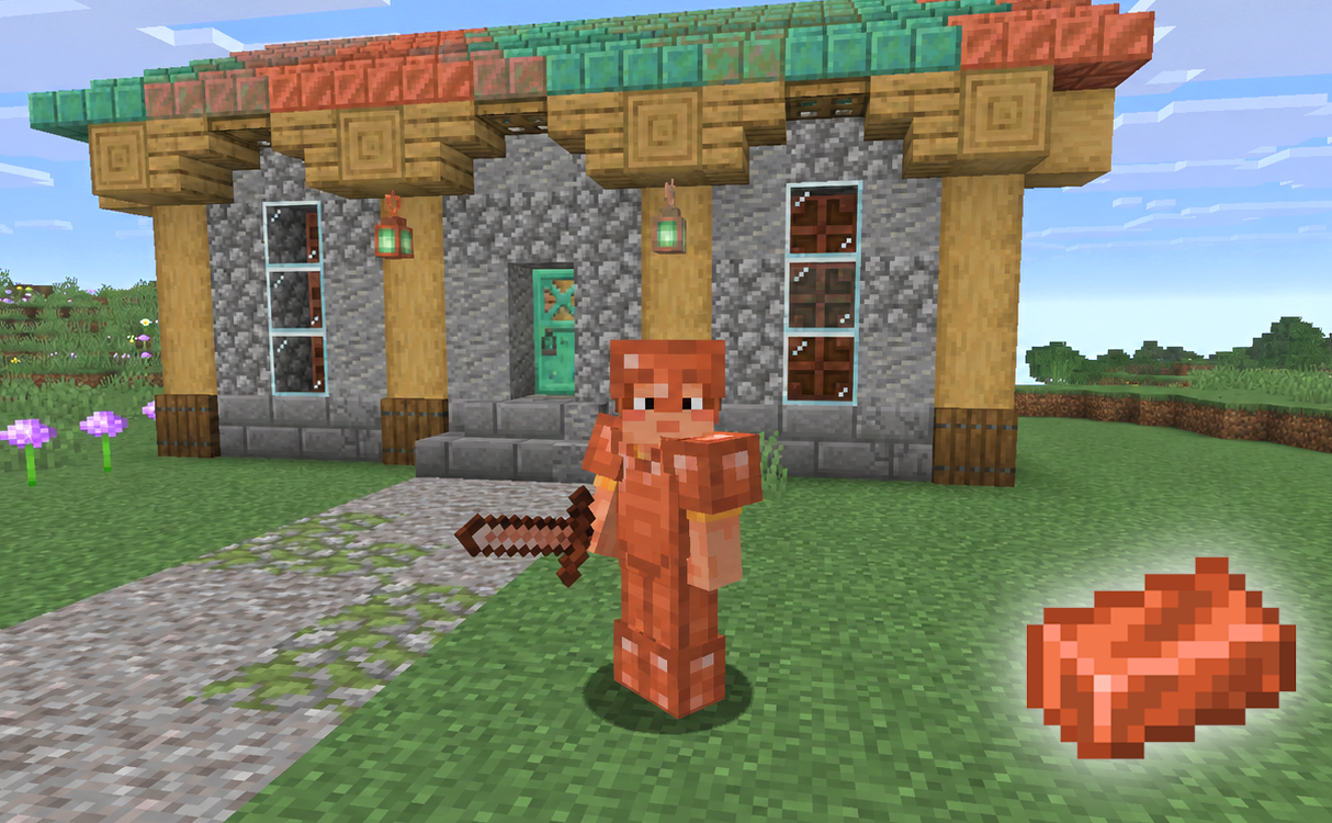 Minecraft player wearing copper armor in front of a copper-themed house