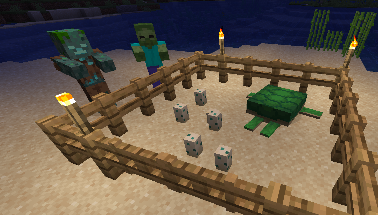 Minecraft turtle eggs on sand protected from zombies by a wooden fence at night